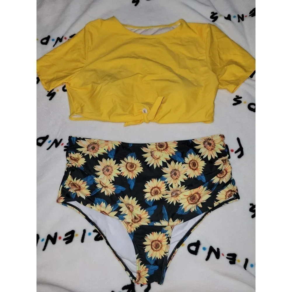NWOT Yellow sunflower high waisted T-shirt style Bikini 2xl